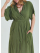 V Neck Pleated Detail Khaki Casual Plus Size Dress 4607